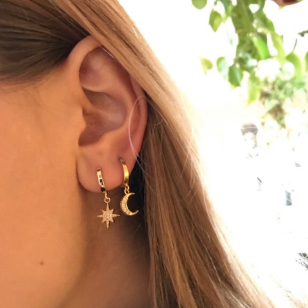 "Wish Upon A Star” Moon Space Hoop Diamond Earring - Picture 4 of 10